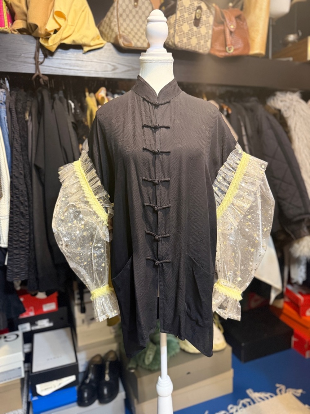Black Silk Shirt with Oversized Puffy Tulle Sleeves - Picture 2 of 10